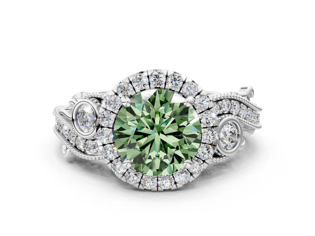 White gold Fancy Green Round Cut Halo Diamond Ring with Milgrain and Bezel Accents on a Split Shank Band_12
