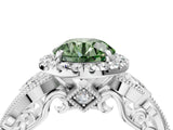 White gold Fancy Green Round Cut Halo Diamond Ring with Milgrain and Bezel Accents on a Split Shank Band_16