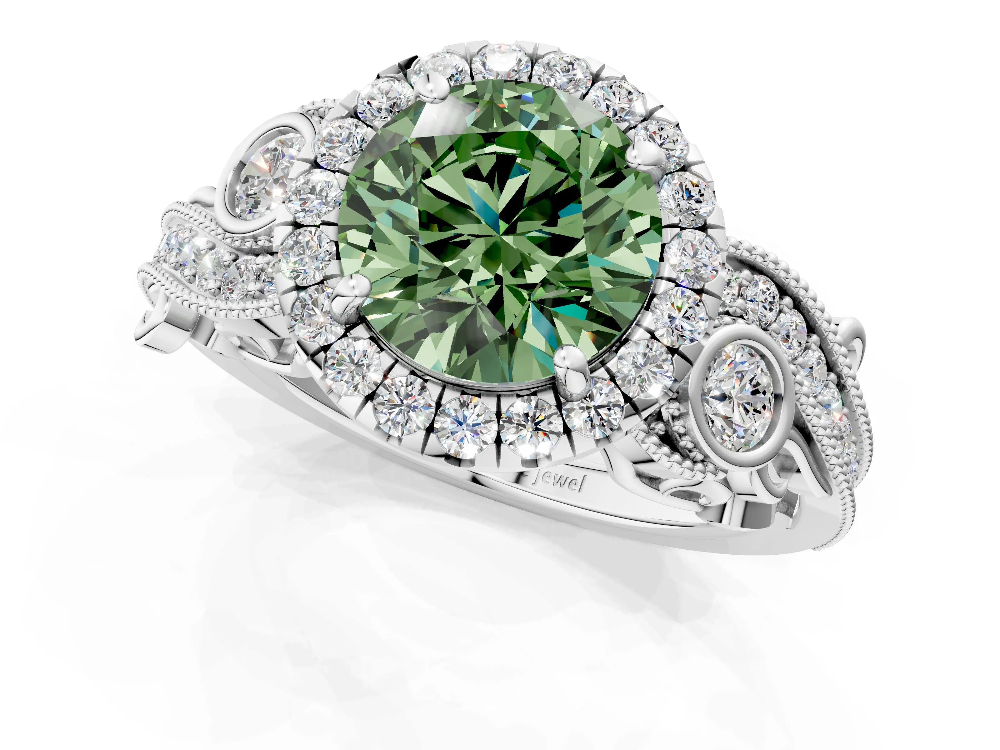White gold Fancy Green Round Cut Halo Diamond Ring with Milgrain and Bezel Accents on a Split Shank Band_1