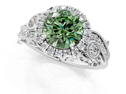 White gold Fancy Green Round Cut Halo Diamond Ring with Milgrain and Bezel Accents on a Split Shank Band_1