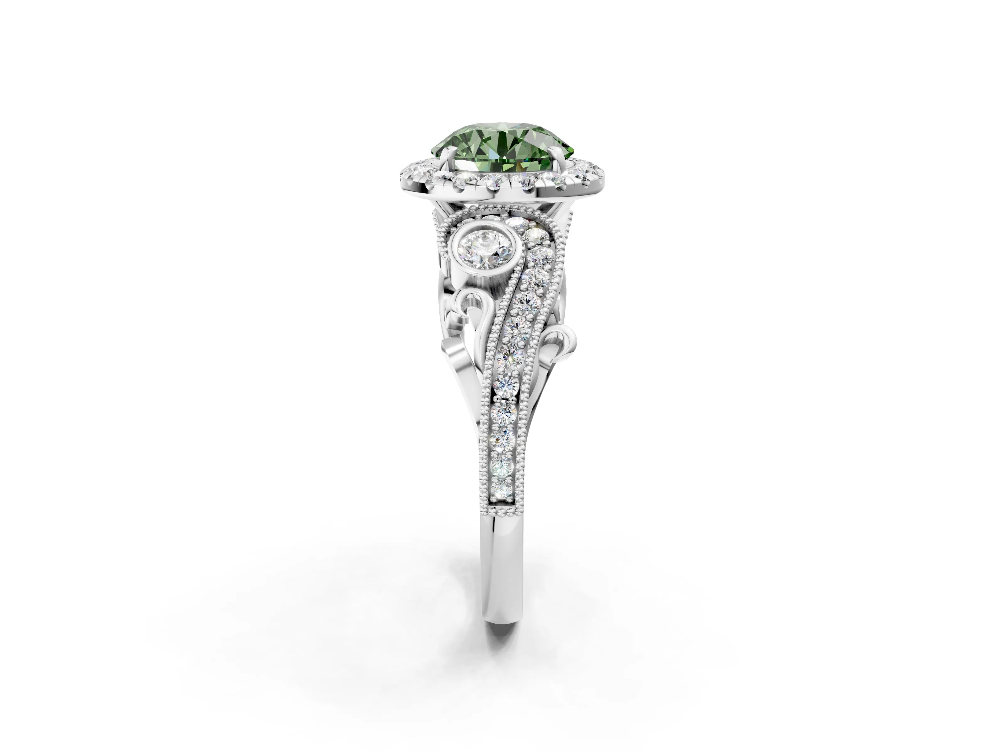 White gold Fancy Green Round Cut Halo Diamond Ring with Milgrain and Bezel Accents on a Split Shank Band_2