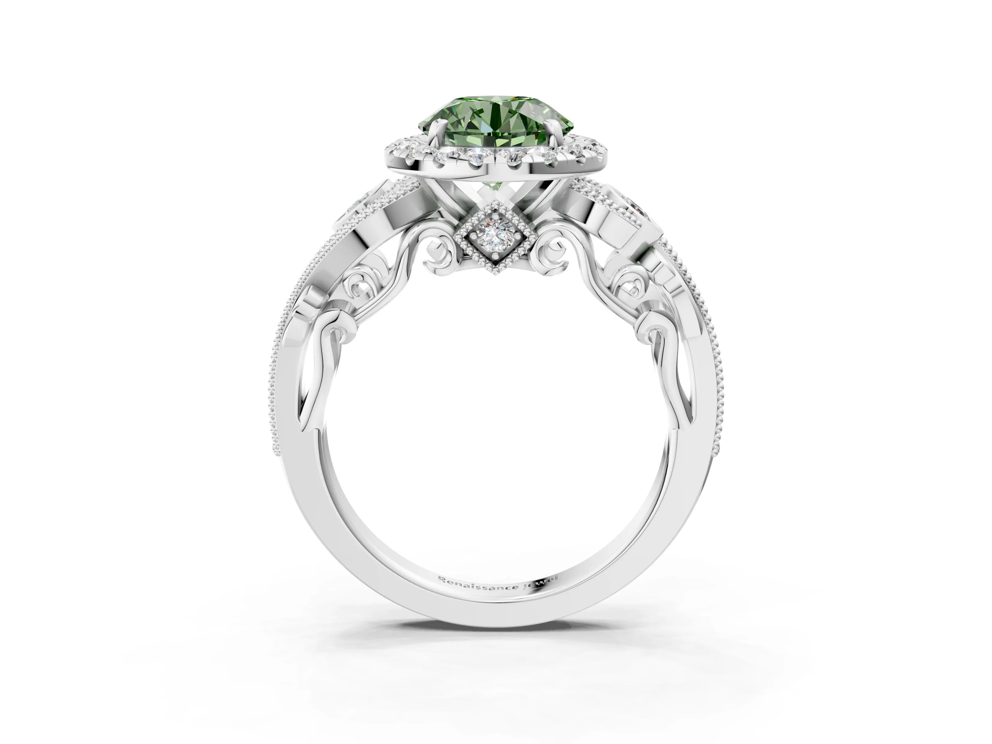 White gold Fancy Green Round Cut Halo Diamond Ring with Milgrain and Bezel Accents on a Split Shank Band_3