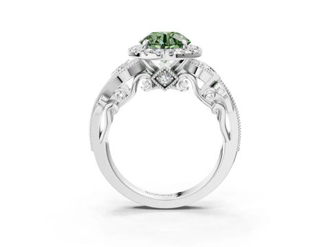 White gold Fancy Green Round Cut Halo Diamond Ring with Milgrain and Bezel Accents on a Split Shank Band_3
