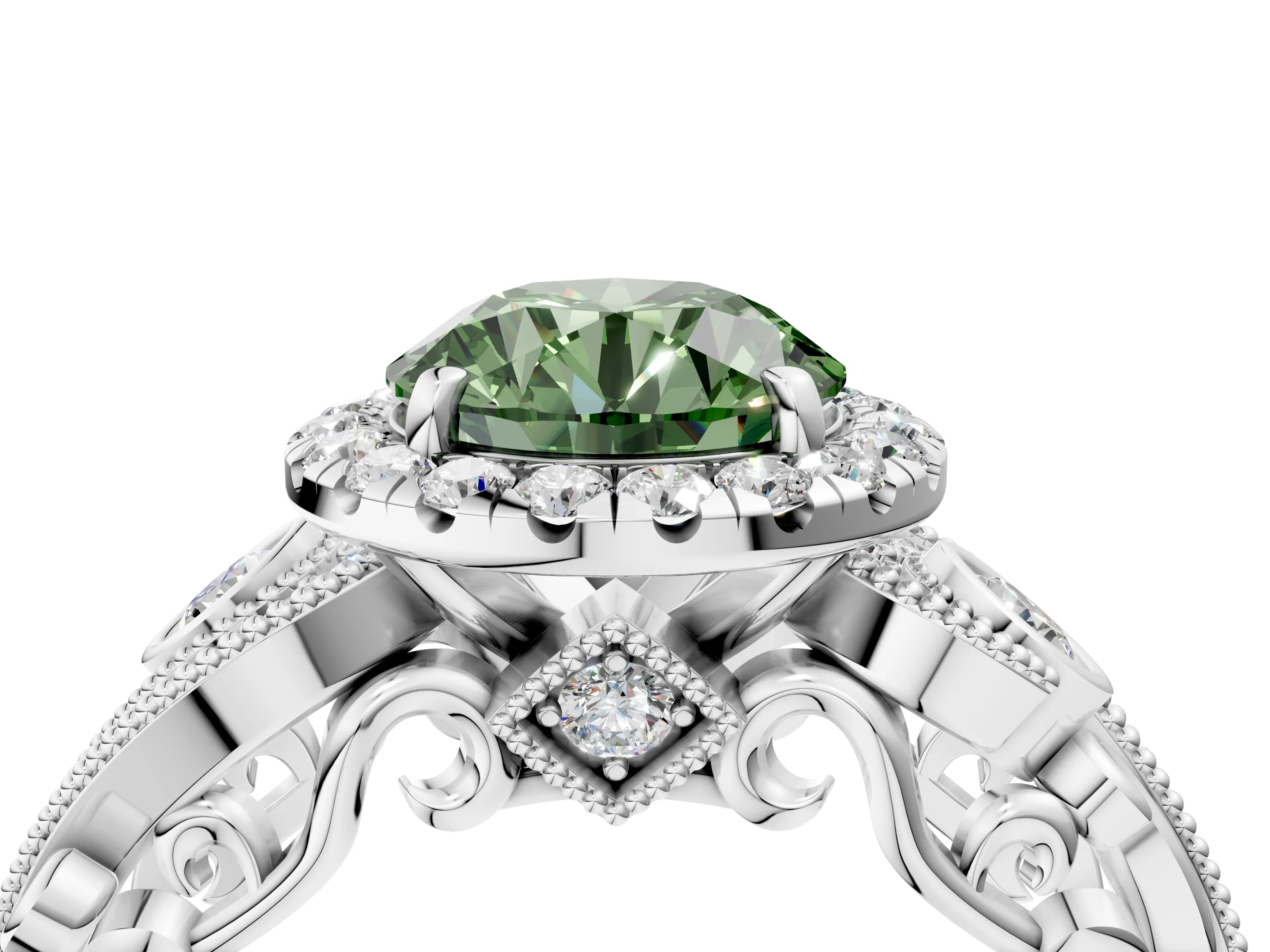 White gold Fancy Green Round Cut Halo Diamond Ring with Milgrain and Bezel Accents on a Split Shank Band_4
