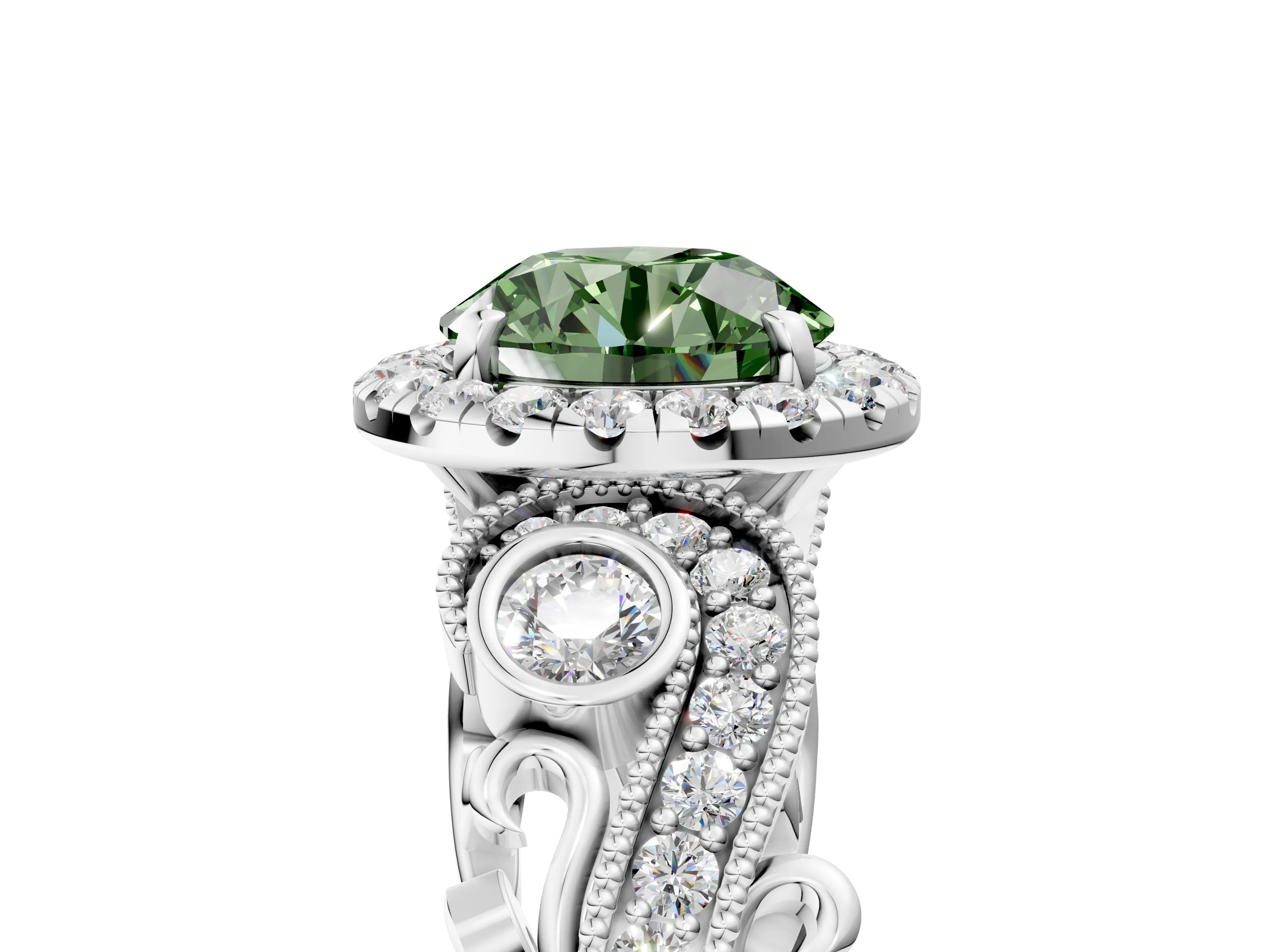 White gold Fancy Green Round Cut Halo Diamond Ring with Milgrain and Bezel Accents on a Split Shank Band_5
