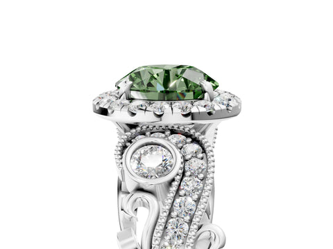 White gold Fancy Green Round Cut Halo Diamond Ring with Milgrain and Bezel Accents on a Split Shank Band_5