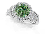 White gold Fancy Green Round Cut Halo Diamond Ring with Milgrain and Bezel Accents on a Split Shank Band_7