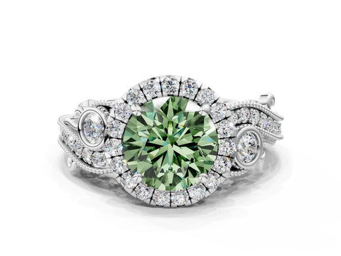 White gold Fancy Green Round Cut Halo Diamond Ring with Milgrain and Bezel Accents on a Split Shank Band