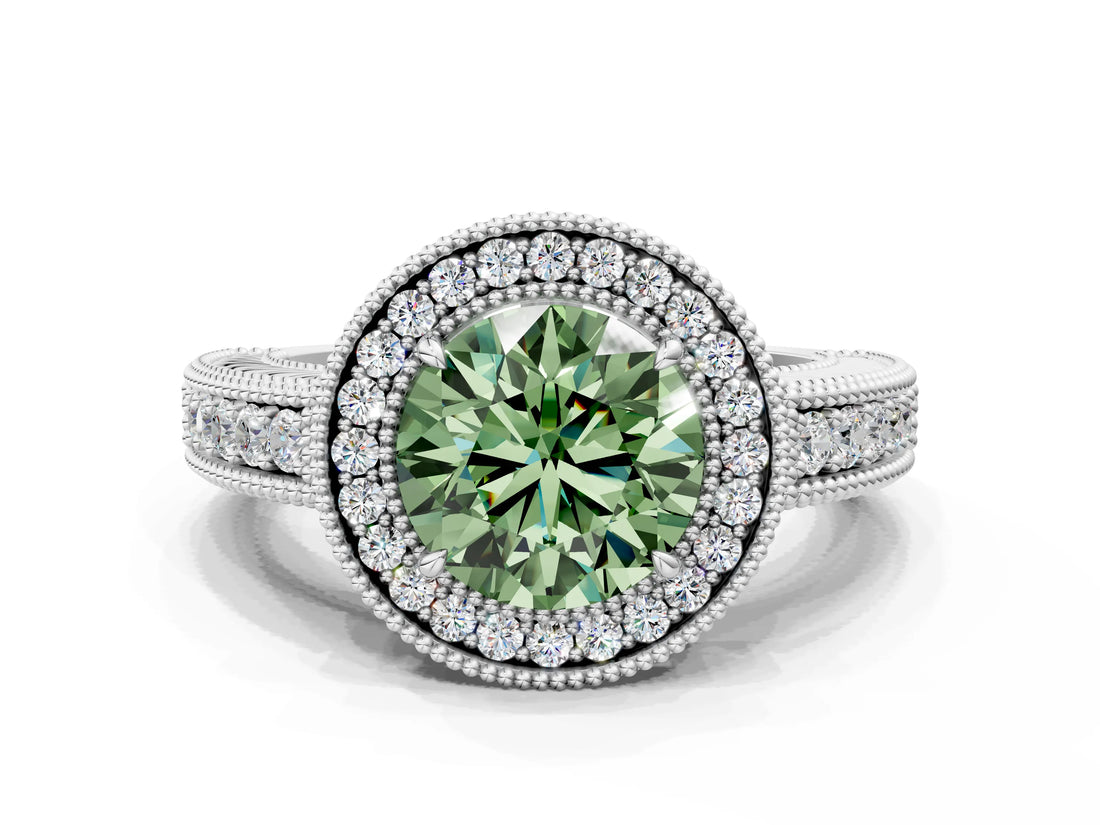 White gold Fancy Green Round  Cut Halo Diamond Ring with Pavé Band and Four-Prong Setting_96