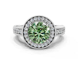 White gold Fancy Green Round  Cut Halo Diamond Ring with Pavé Band and Four-Prong Setting_96