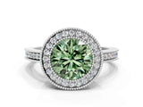 White gold Fancy Green Round  Cut Halo Diamond Ring with Pavé Band and Milgrain Prong Setting_31