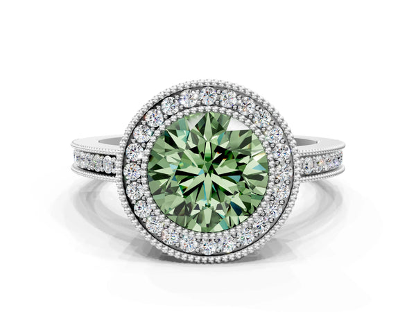 Platinum Fancy Green Round  Cut Halo Diamond Ring with Pavé Band and Milgrain Prong Setting