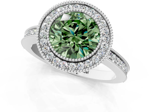 Platinum Fancy Green Round  Cut Halo Diamond Ring with Pavé Band and Milgrain Prong Setting