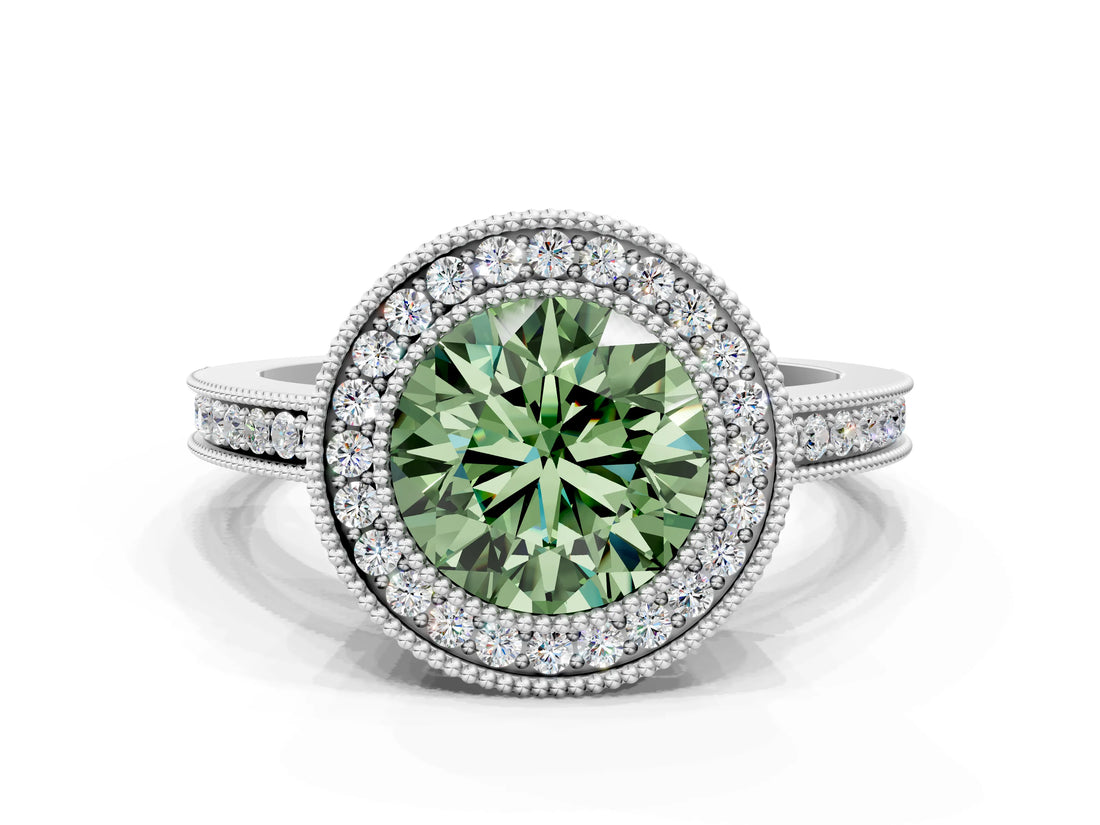 White gold Fancy Green Round  Cut Halo Diamond Ring with Pavé Band and Milgrain Prong Setting_32
