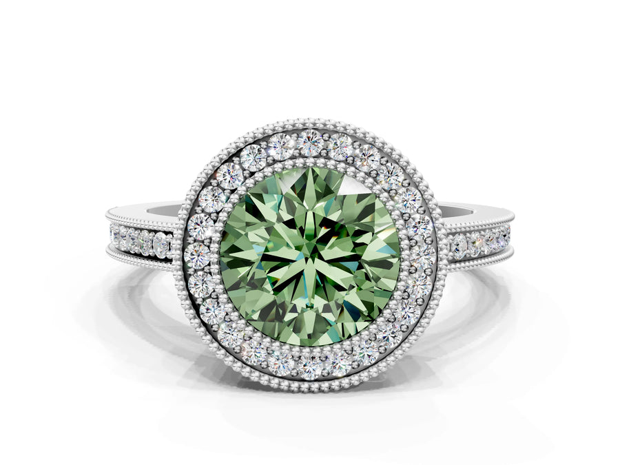 White gold Fancy Green Round  Cut Halo Diamond Ring with Pavé Band and Milgrain Prong Setting