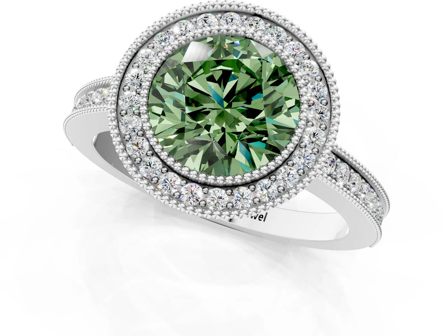 White gold Fancy Green Round  Cut Halo Diamond Ring with Pavé Band and Milgrain Prong Setting