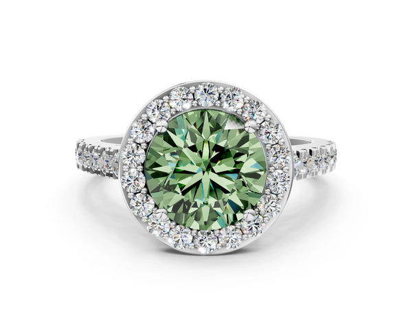 Platinum Fancy Green Round Cut Halo Diamond Ring with Pavé Band and Three-Prong Setting
