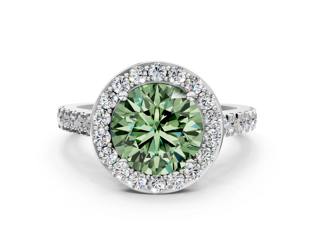White gold Fancy Green Round Cut Halo Diamond Ring with Pavé Band and Three-Prong Setting_12