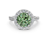 White gold Fancy Green Round Cut Halo Diamond Ring with Pavé Band and Three-Prong Setting_12