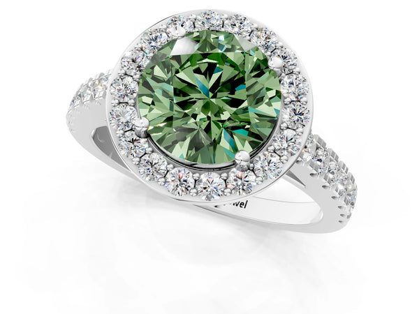 Platinum Fancy Green Round Cut Halo Diamond Ring with Pavé Band and Three-Prong Setting