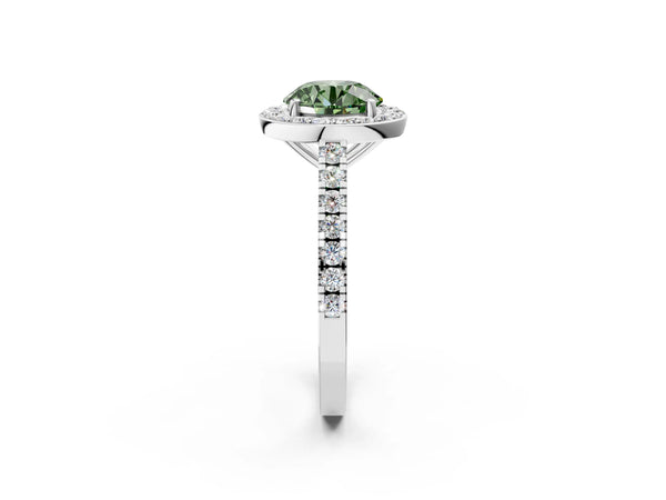 Platinum Fancy Green Round Cut Halo Diamond Ring with Pavé Band and Three-Prong Setting