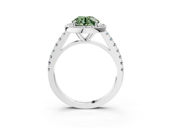 Platinum Fancy Green Round Cut Halo Diamond Ring with Pavé Band and Three-Prong Setting