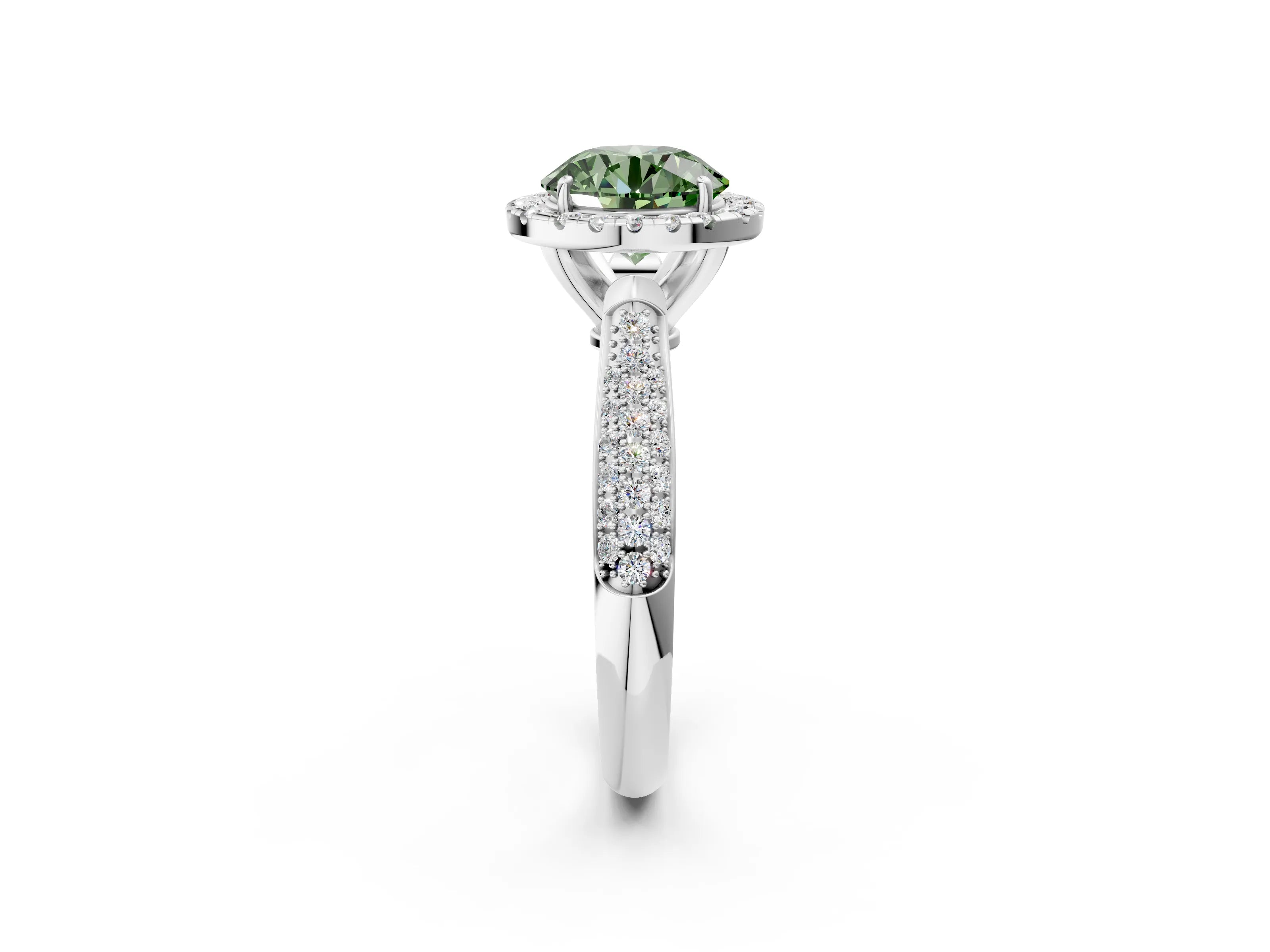 White gold Fancy Green Round Cut Halo Diamond Ring with Pavé Band_2