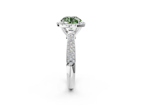 White gold Fancy Green Round Cut Halo Diamond Ring with Pavé Band_2