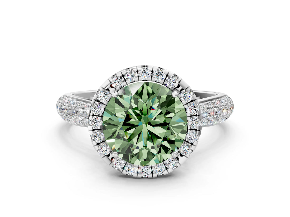 White gold Fancy Green Round Cut Halo Diamond Ring with Pavé Band_36
