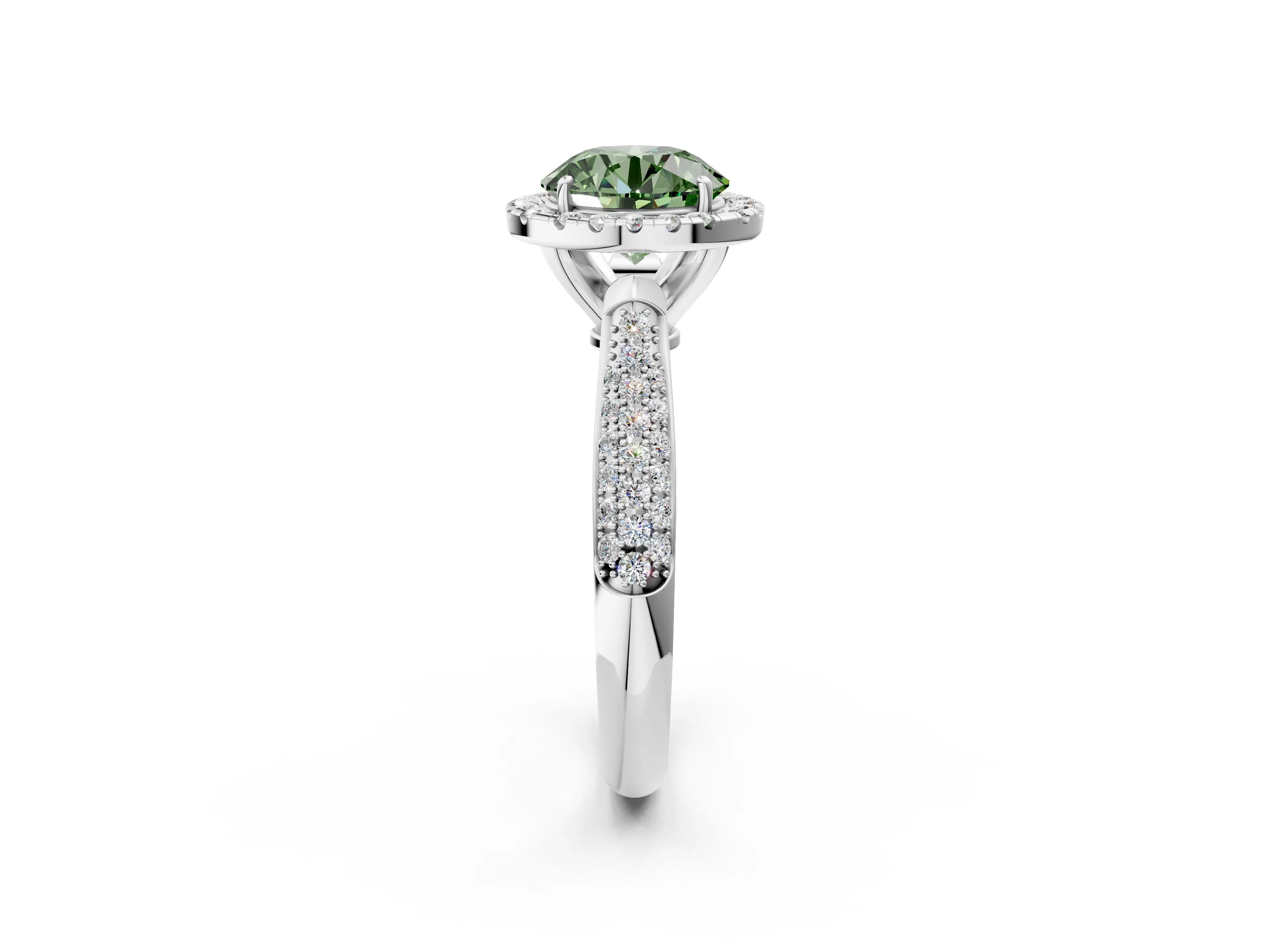 White gold Fancy Green Round Cut Halo Diamond Ring with Pavé Band_38