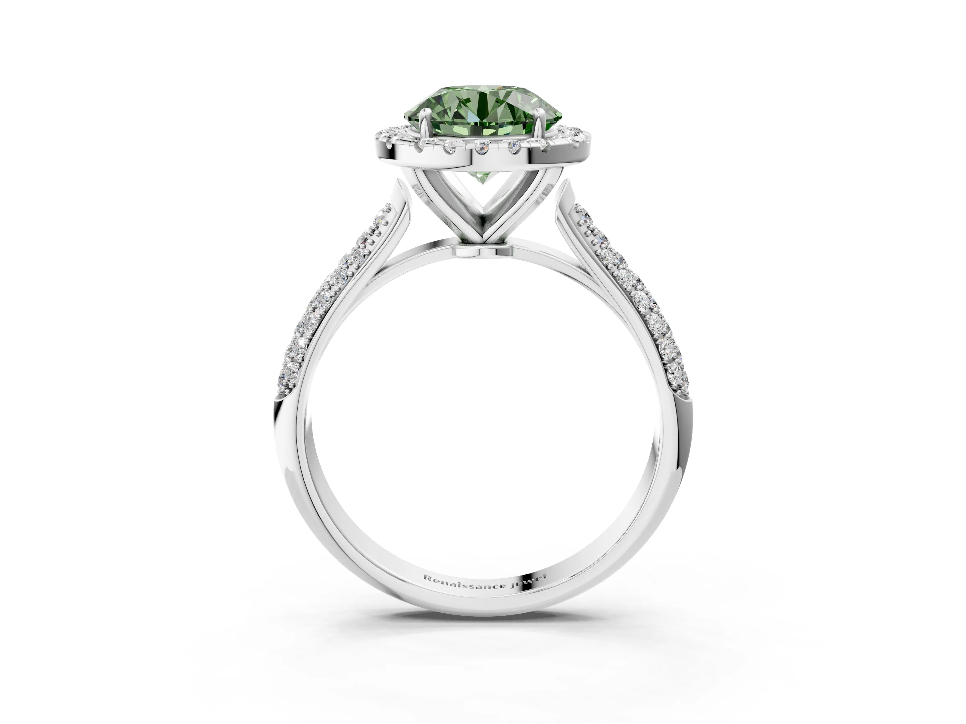 White gold Fancy Green Round Cut Halo Diamond Ring with Pavé Band_39