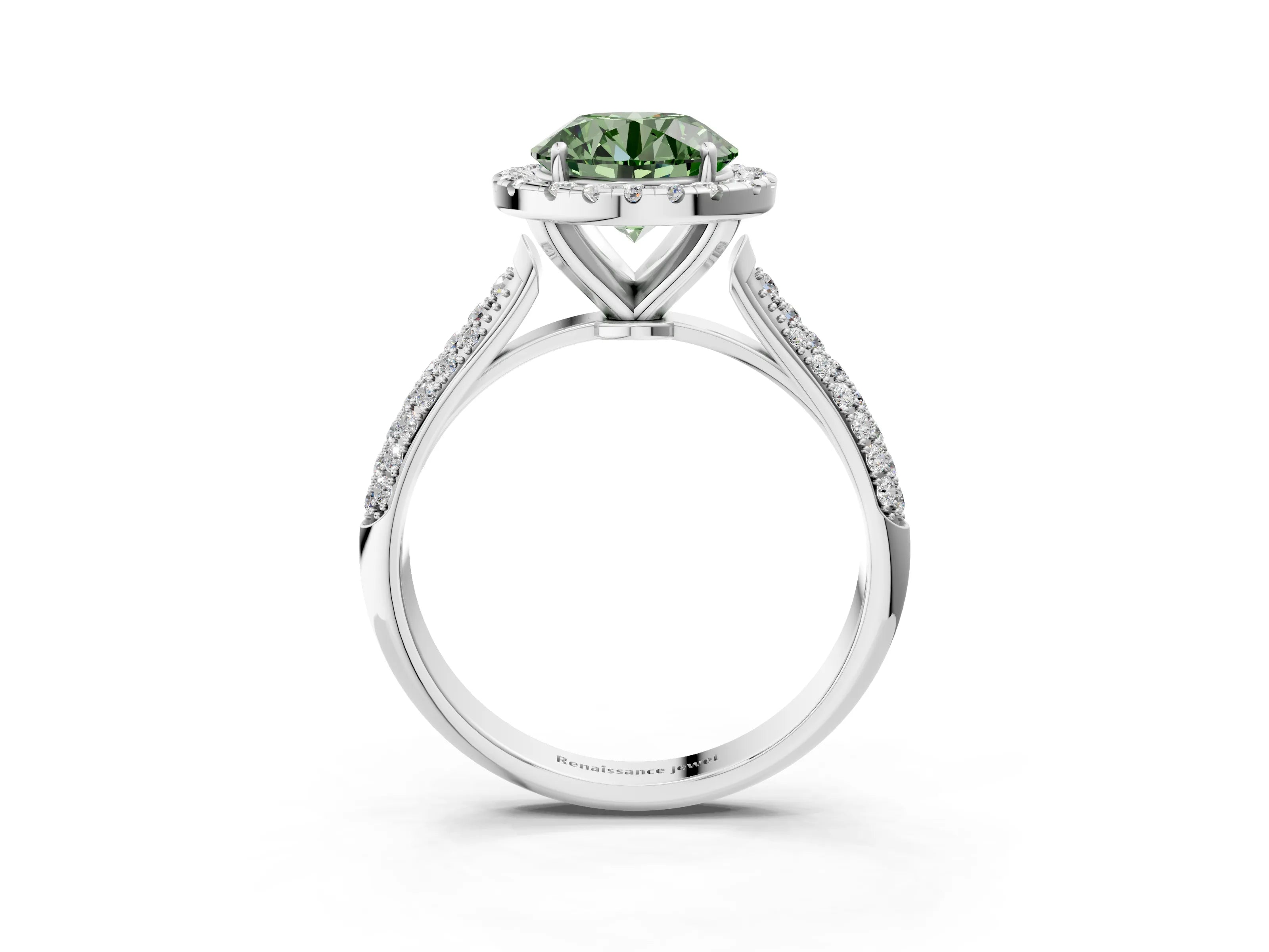 White gold Fancy Green Round Cut Halo Diamond Ring with Pavé Band_3