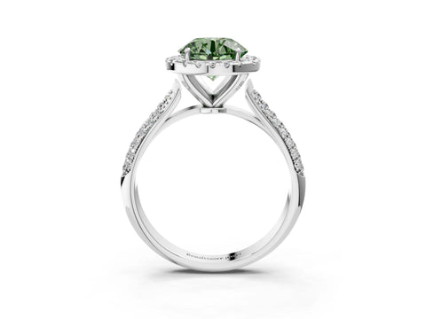 White gold Fancy Green Round Cut Halo Diamond Ring with Pavé Band_3