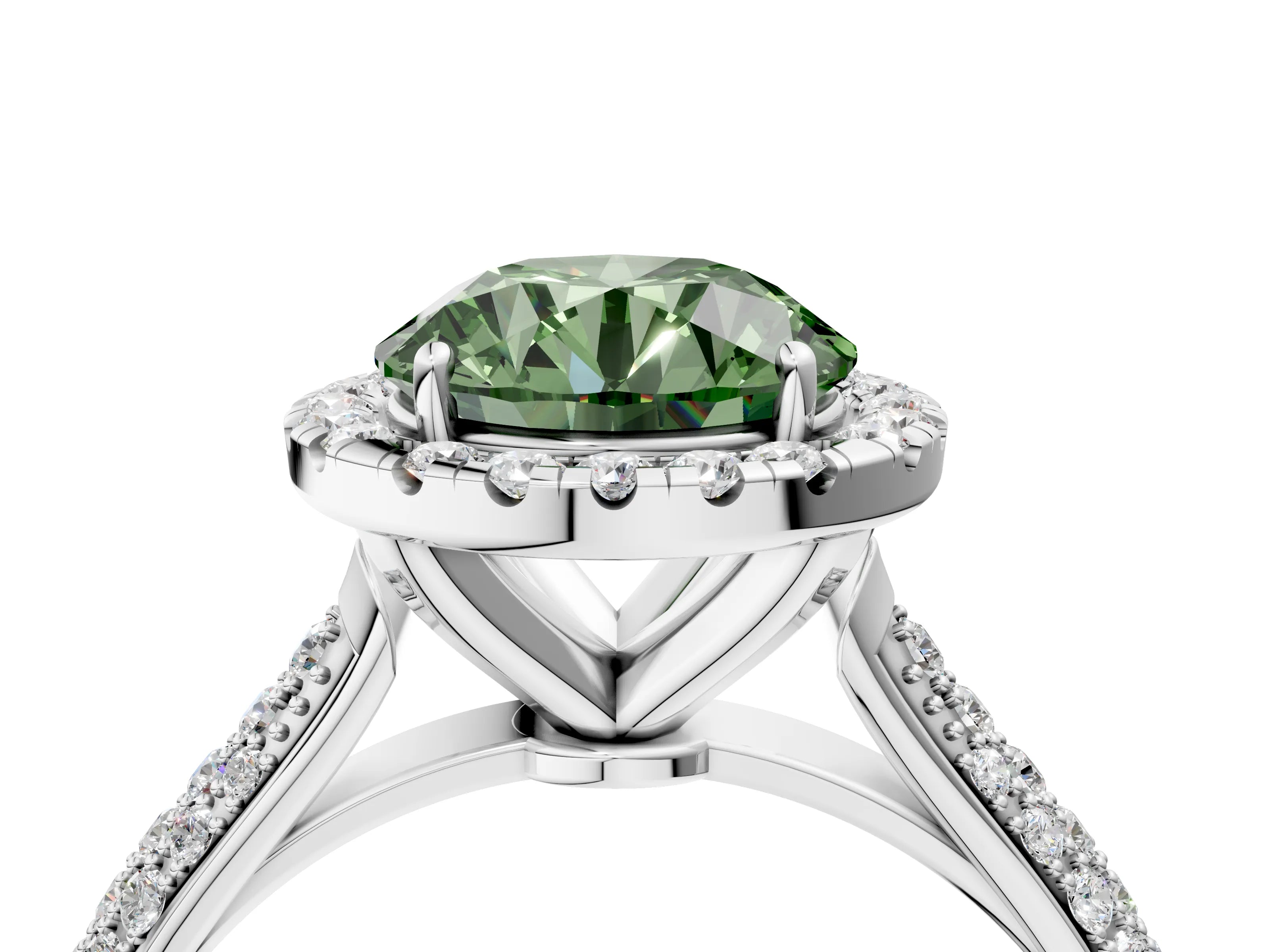 White gold Fancy Green Round Cut Halo Diamond Ring with Pavé Band_40