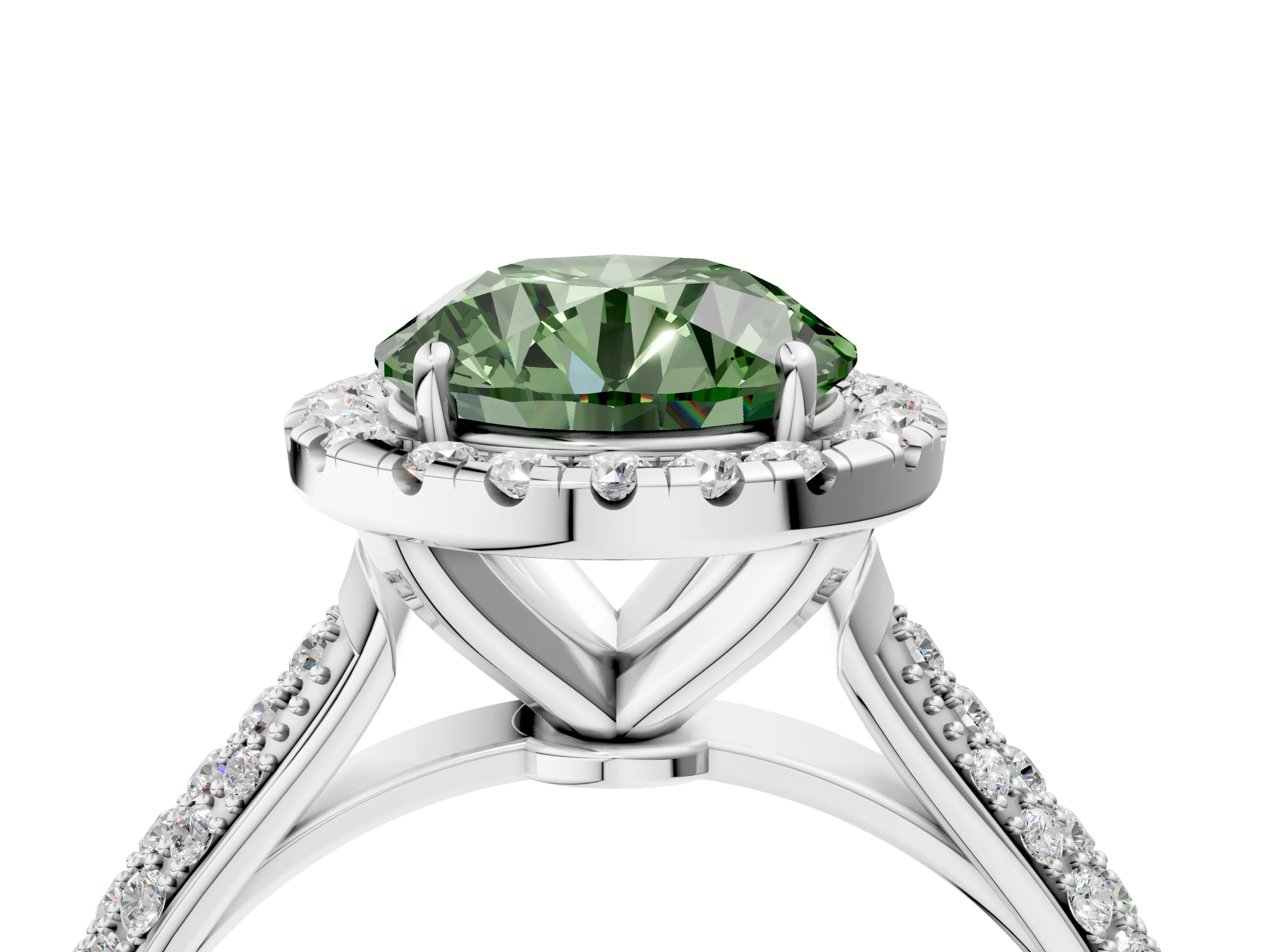 White gold Fancy Green Round Cut Halo Diamond Ring with Pavé Band_4