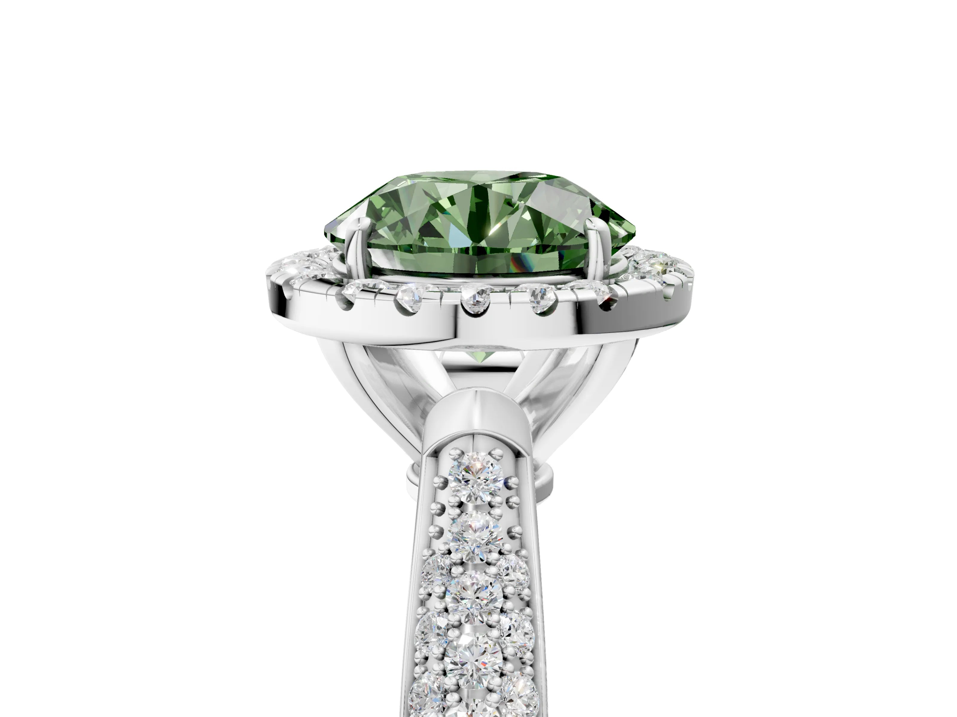 White gold Fancy Green Round Cut Halo Diamond Ring with Pavé Band_5
