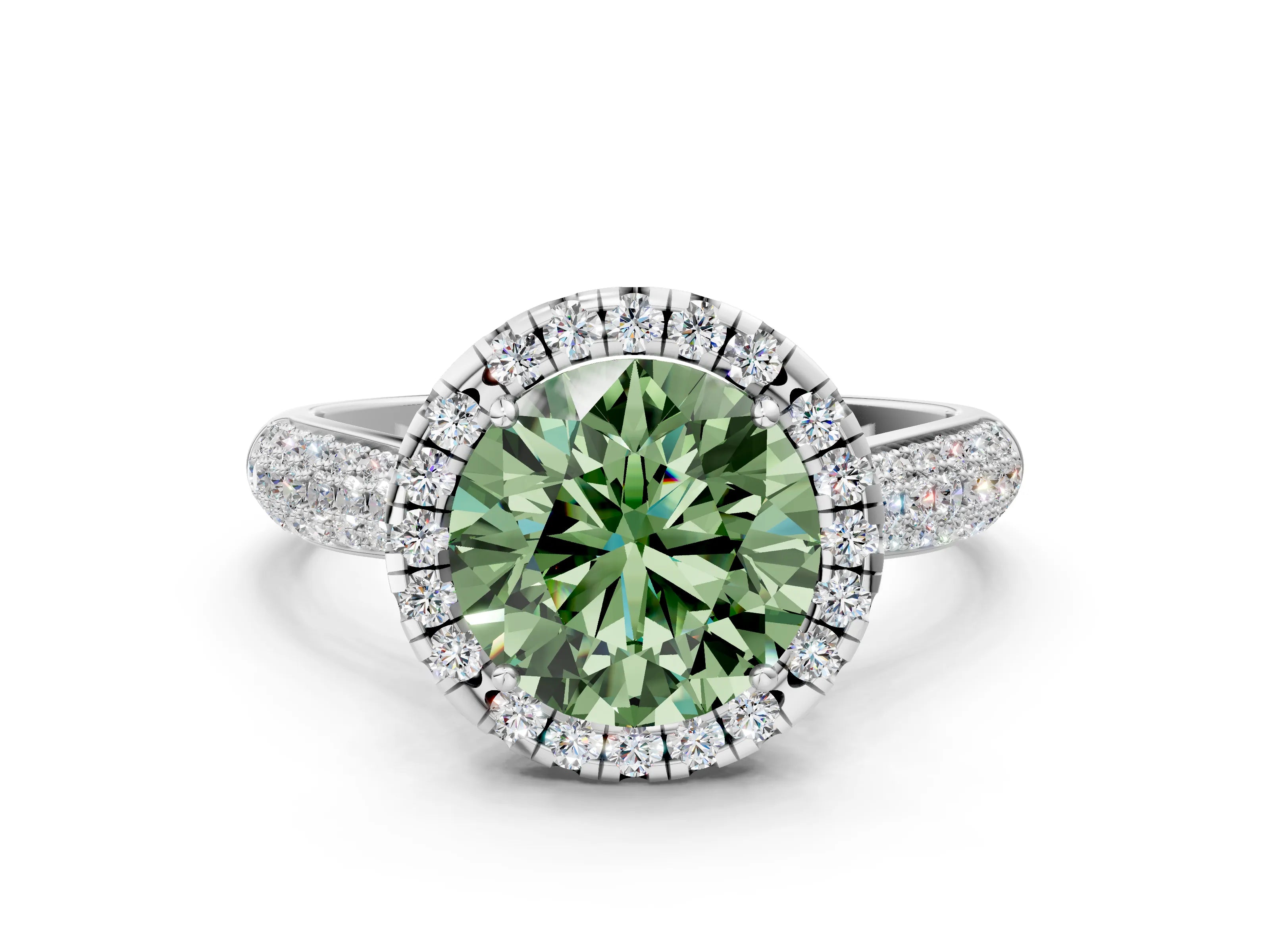 White gold Fancy Green Round Cut Halo Diamond Ring with Pavé Band
