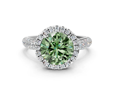 White gold Fancy Green Round Cut Halo Diamond Ring with Pavé Band