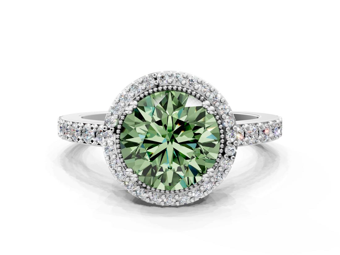 White gold Fancy Green Round  Cut Halo Diamond Ring with Pave Band and Four-Prong Setting_23