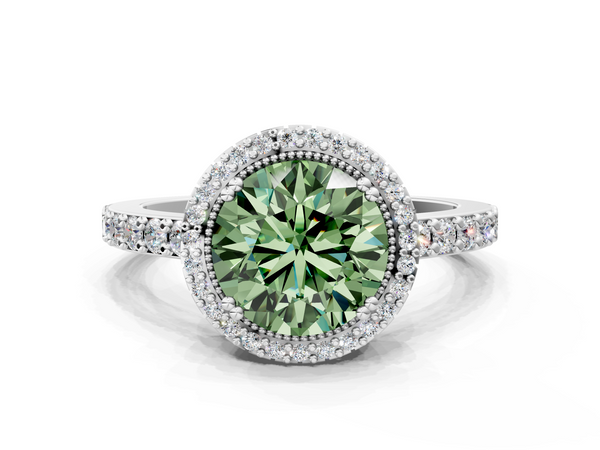 Platinum Fancy Green Round  Cut Diamond Halo Engagement Ring with Milgrain Detail and Pavé Band