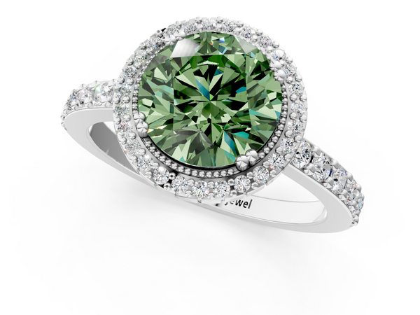 Platinum Fancy Green Round  Cut Diamond Halo Engagement Ring with Milgrain Detail and Pavé Band