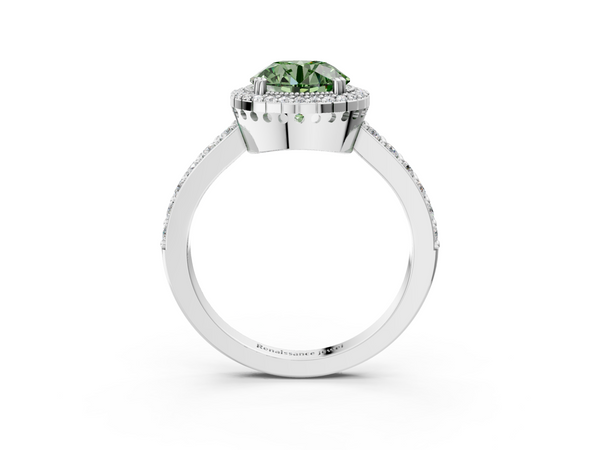 Platinum Fancy Green Round  Cut Diamond Halo Engagement Ring with Milgrain Detail and Pavé Band