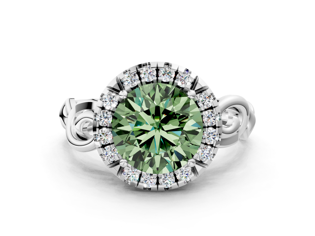 White gold Fancy Green Round  Cut Halo Diamond Ring with Scrollwork Band and Four-Prong Setting_79