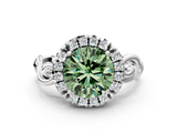 White gold Fancy Green Round  Cut Halo Diamond Ring with Scrollwork Band and Four-Prong Setting_86