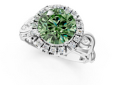White gold Fancy Green Round  Cut Halo Diamond Ring with Scrollwork Band and Four-Prong Setting_87
