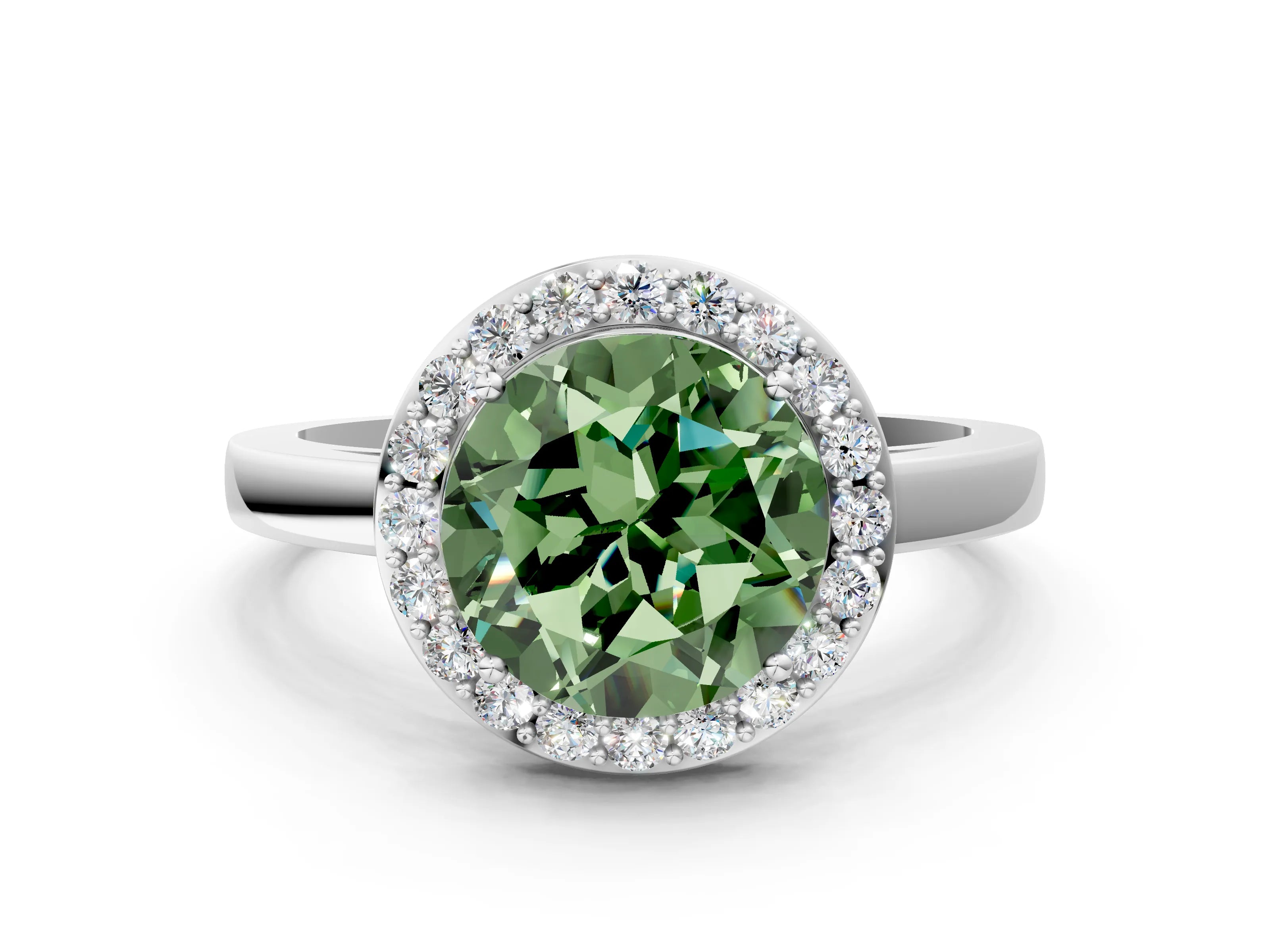 White gold Fancy Green Round Cut Halo Diamond Ring with Solitaire Band and Prong Setting