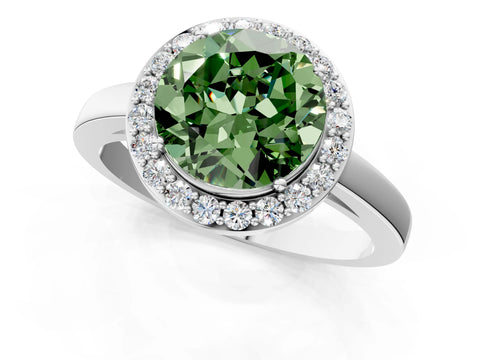 White gold Fancy Green Round Cut Halo Diamond Ring with Solitaire Band and Prong Setting_1