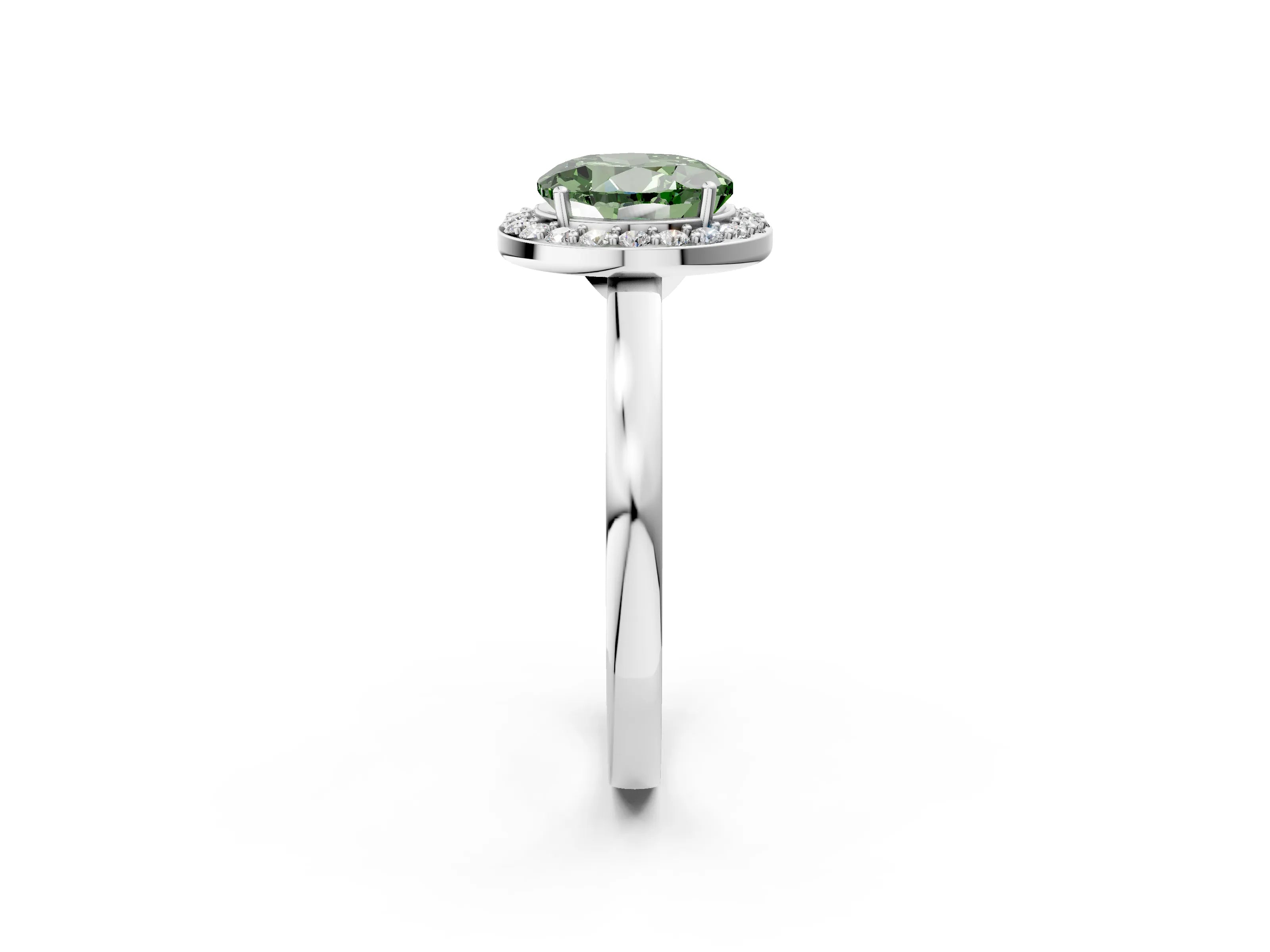 White gold Fancy Green Round Cut Halo Diamond Ring with Solitaire Band and Prong Setting_2