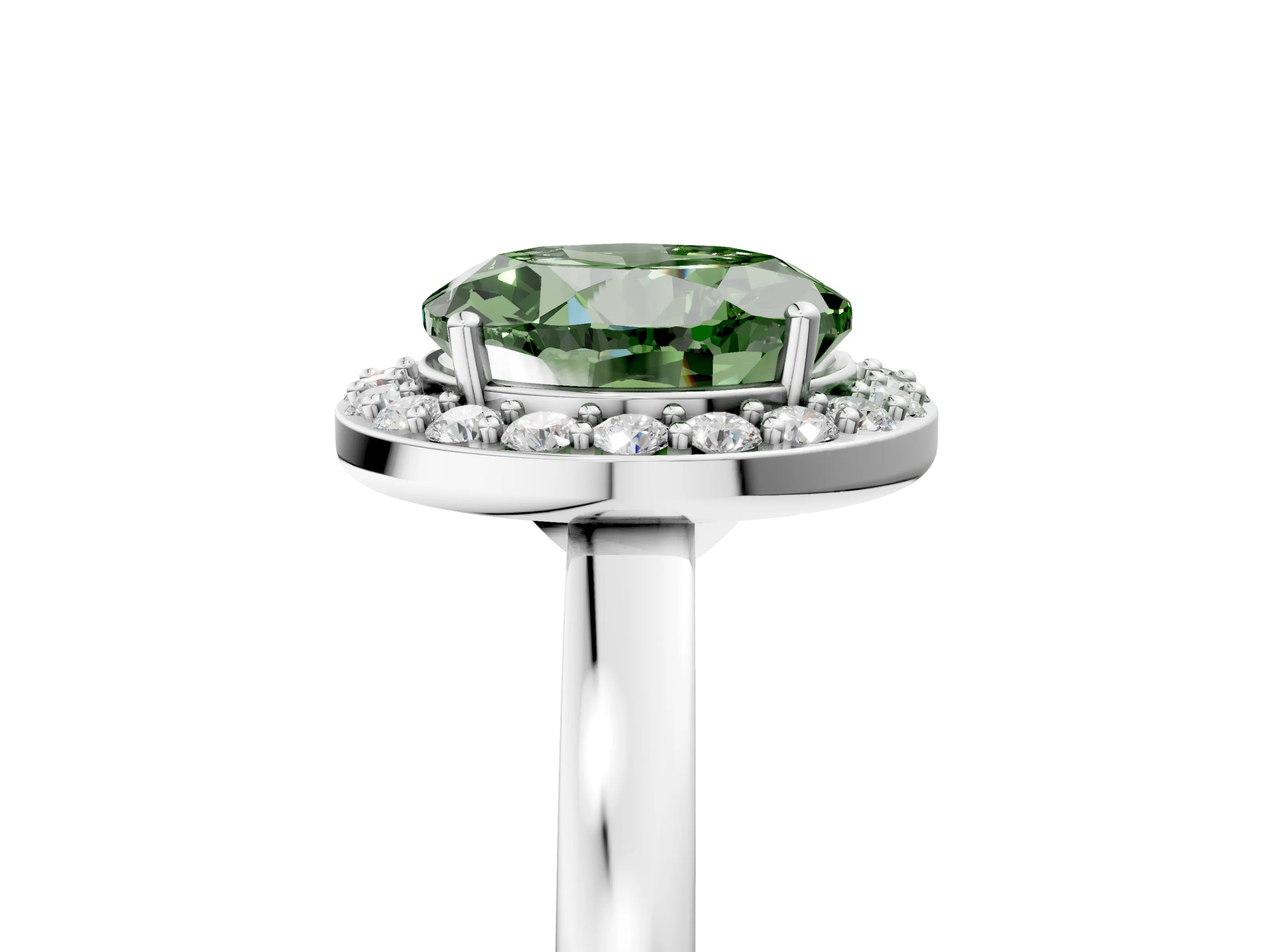 White gold Fancy Green Round Cut Halo Diamond Ring with Solitaire Band and Prong Setting_5