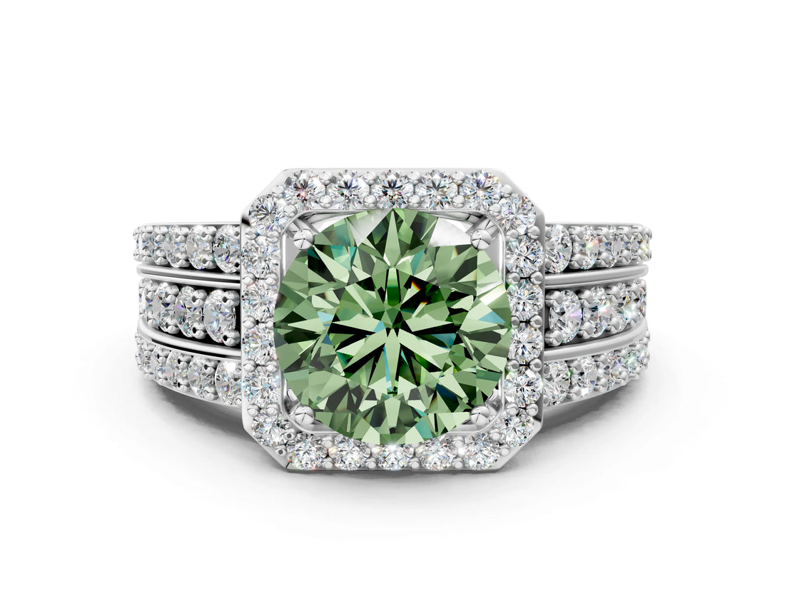 White gold Fancy Green Round Cut Halo Diamond Ring with Split Shank and Four-Prong Setting_88